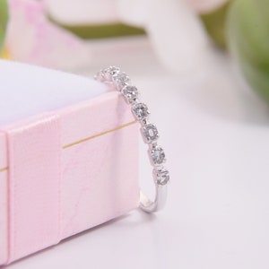 Simple & dainty half eternity womens wedding band, White topaz silver wedding band, Unique minimalist wedding band, Small wedding band