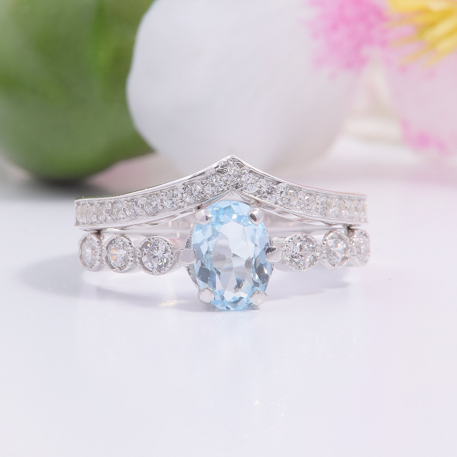 White Gold Wedding Rings Set Womens Topaz Gold Ring Blue Etsy