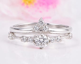 Elegant CZ-brudringset, 14k vitguld med två ringar för henne