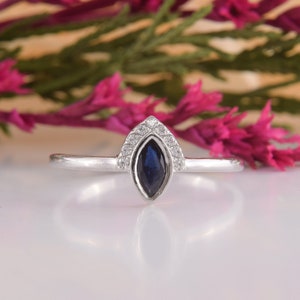 925 sterling silver bezel cut blue sapphire promise ring for her, Unique marquise womens promise ring, Small & dainty sapphire promise ring