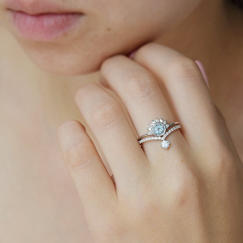 Blue Oval Cut Art Deco Engagement Diamond Ring Vintage Wedding Ring For Women Dainty Diamond 935 Argentium Silver Ring For Ladies