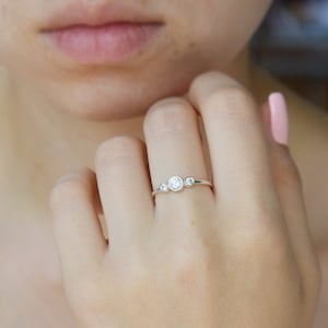 Unique bezel cut 3 stone womens promise ring, Sterling silver simple promise ring for her, Small & dainty womens silver ring, Elegant ring