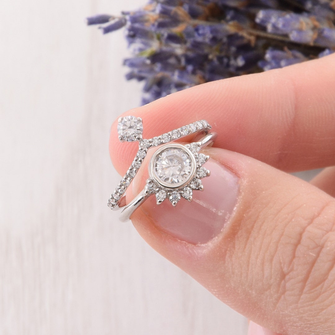 925 Sterling Silver Unique Art Deco Womens Wedding Rings Set, Unique Silver Bridal Rings Set