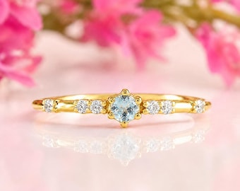 Delicate Yellow Gold Sky Topaz Promise Ring for Her, Minimalist December Birthstone Engagement Ring, Dainty Blue Stone Ring