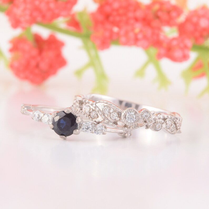 Wedding rings set Women rings set Tiny rings set Black stone ring Black cz rings Elegant rings Promise rings set Silver rings set