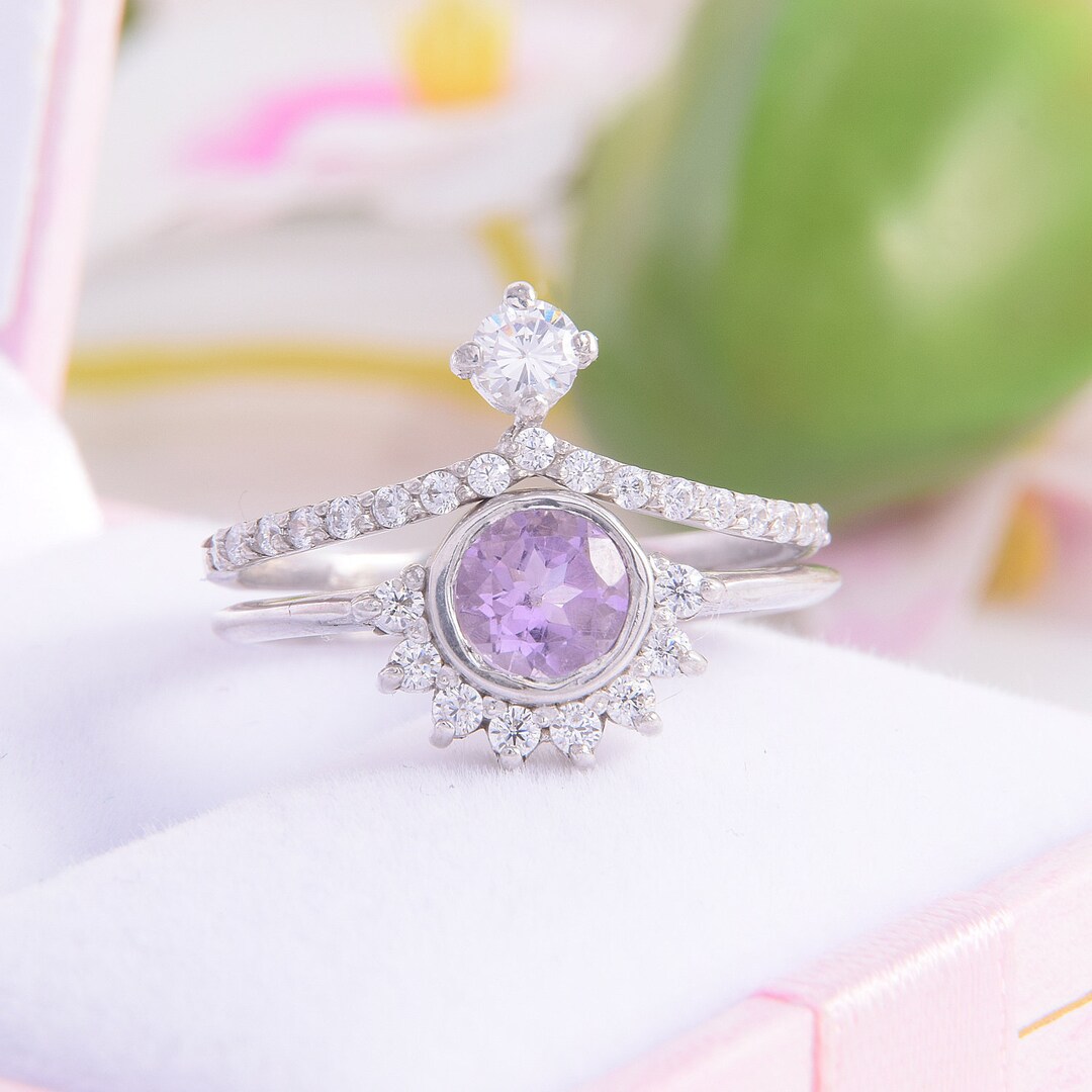 Amethyst Silver Wedding Rings Set, Womens Wedding Rings Set, Art Deco