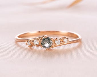 Anel de compromisso delicado em ouro rosa 14k com ágata musgosa para ela, anel de noivado com pedra de nascimento de maio torcida.