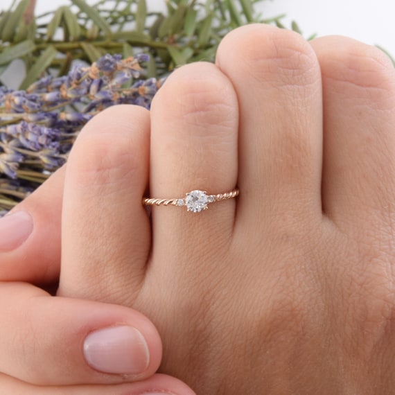 Simple & Elegant 14k Rose Gold Womens Twisted Cz Engagement Ring, Unique  Dainty Minimalist Gold Promise Ring for Her, Anniversary Ring Gift 