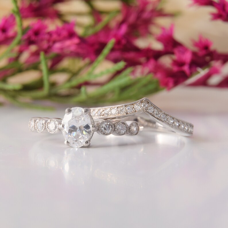 Unique Silver Art Deco Wedding Rings Set Womens Antique Etsy