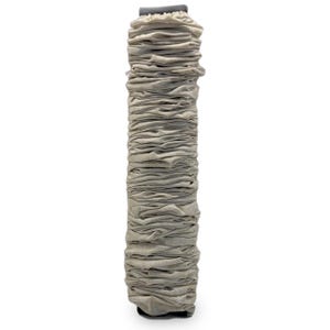 May include: A long, cylindrical object covered in a light beige, textured fabric. The fabric is gathered and ruched along the entire length of the cylinder, creating a series of horizontal folds and creases that wrap around the central form.