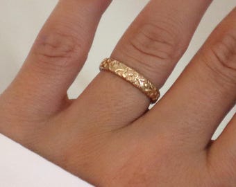 14k Gold Filled Floral Pattern Stacking Ring, Gold Band FFA3