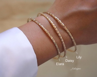 14k Gold Filled Floral Bangle Bracelet, Stackable Gold Bracelet
