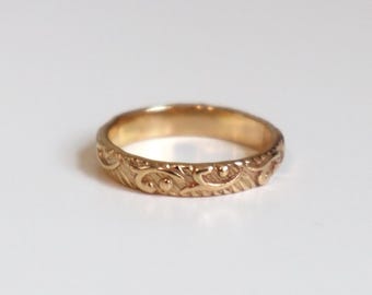 Gold Ring, Floral Ring, 14k Gold Filled Ring, Pattern Ring, Wedding Band, Vintage Ring, 14k Gold Ring, Thick Gold Band, Stacking Ring FFA7
