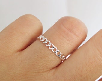 Curb Chain Ring, Silver Chain Ring, Silver Chain Ring, Chain Ring, Thin Curb Chain, Silver Stack Ring, Chain Link Ring, Sterling Silver Ring