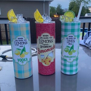 20 oz Lemonade tumblers with fake fruit & ice lids/stainless steel/sublimation/Summer cups/custom tumblers/Pool Drinks