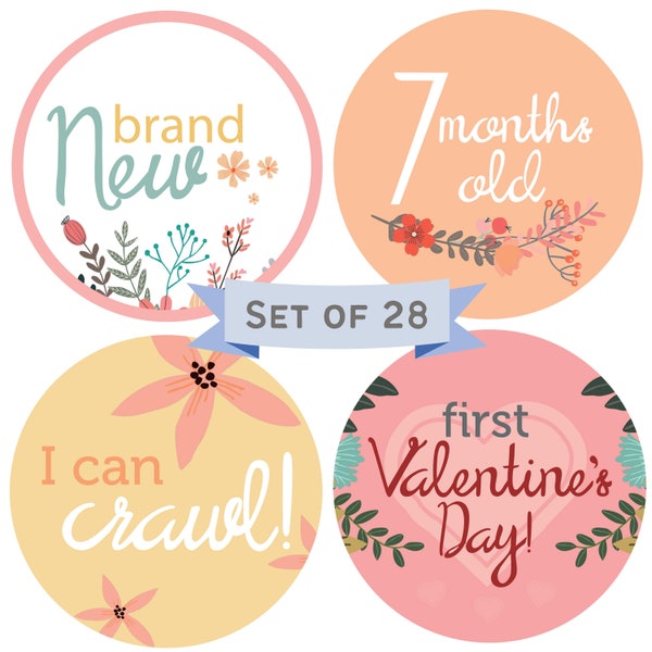 Monthly Baby Stickers - 28 First Year Month and Milestone Sticker Pack For Baby Boy or Baby Girl (Floral Flower)