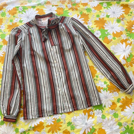 Vintage 80s Pussy Bow V Neck Blouse with StripesGeometric Pattern Size L UK 16
