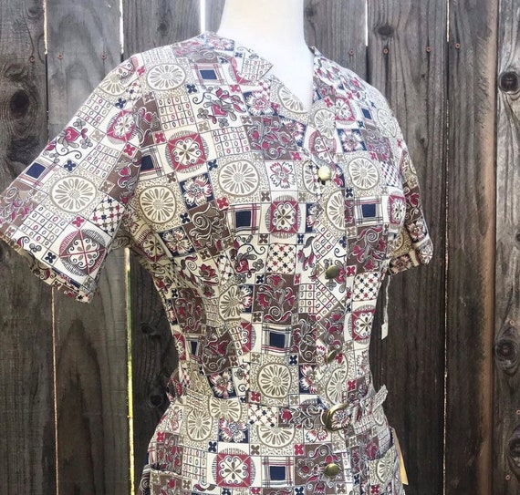 Vintage 1960s Deadstock Funky Print Cotton Frock-… - image 1