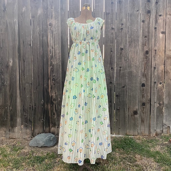 Vintage 1970s Full Length Lime Striped Nightgown-… - image 2
