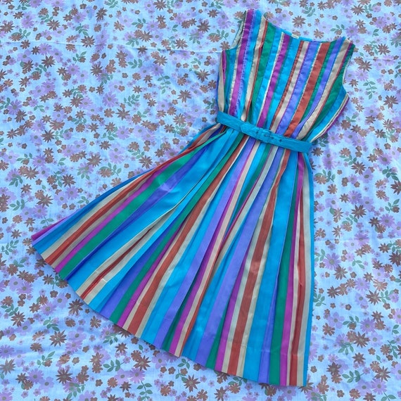 Vintage 1960s Pastel Rainbow Stripe Dress - Size M