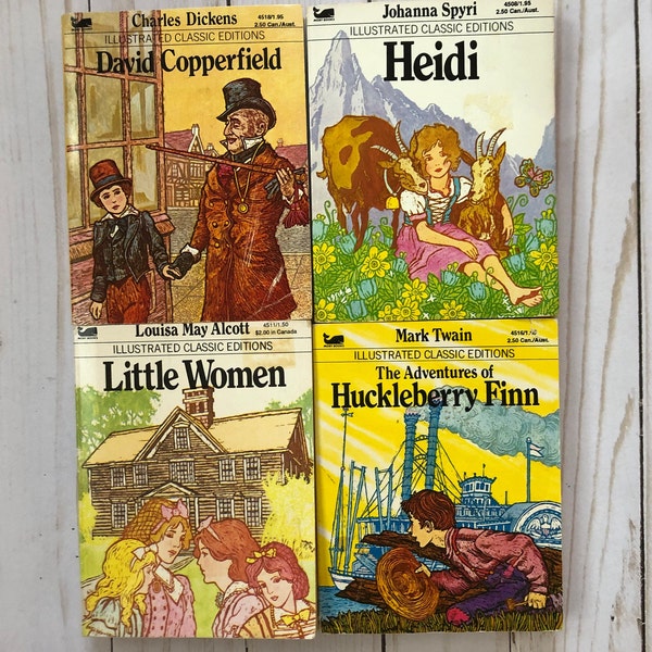 Collection of 4 Vintage 1970s Moby Illustrated Classics - Huck Finn, Heidi, David Copperfield, Little Women