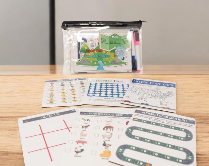 Road Trip Fun and Games Travel Activity Kit in Vinyl Zip Pouch| Travel Games|Dry Erase Markers|Educational Games|Boredom Busters