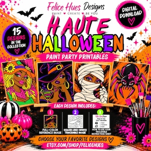 May include: A digital download collection of 15 Halloween paint party printables by Felice Hues Designs. The graphic features four colorful illustrations of a scarecrow, a witch, a mummy, and a spider, alongside instructions for use.