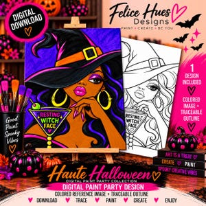 May include: A digital paint party design featuring a colorful illustration of a person wearing a witch hat and holding a martini glass with the text Resting Witch Face, alongside a black and white traceable outline version of the same image.