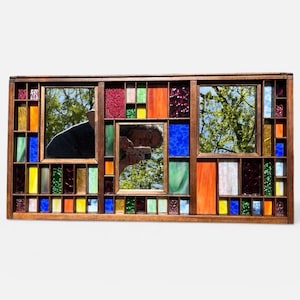 Espejo de pared grande enmarcado, arte mural de vidrieras, collage arcoíris, 3 espejos