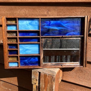 Small Wood Framed Wall Mirror, Blue Stained Glass Accents, Rectangular, Geometric Artwork