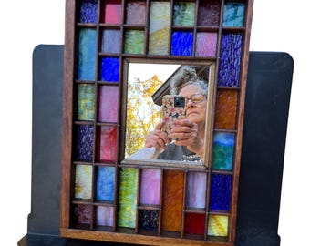 Refinished Wood Framed Single Mirror, Hand Made, Rainbow Stained Glass Interior