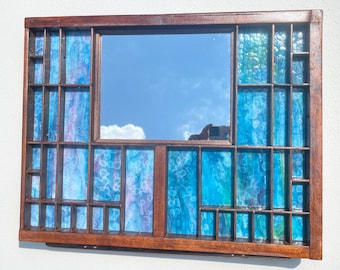 Wood Framed Medium Mirror, Stained Glass Wall Art, Geometric Design, Blue