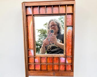 Wood Framed Single Mirror, Stained Glass Wall Art, Vertical Accent Mirror