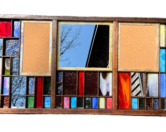 Wall Bulletin Board, Cork Board, Wall Art Mirror, Rainbow Stained Glass Rectangles, Stained Glass Wall Art