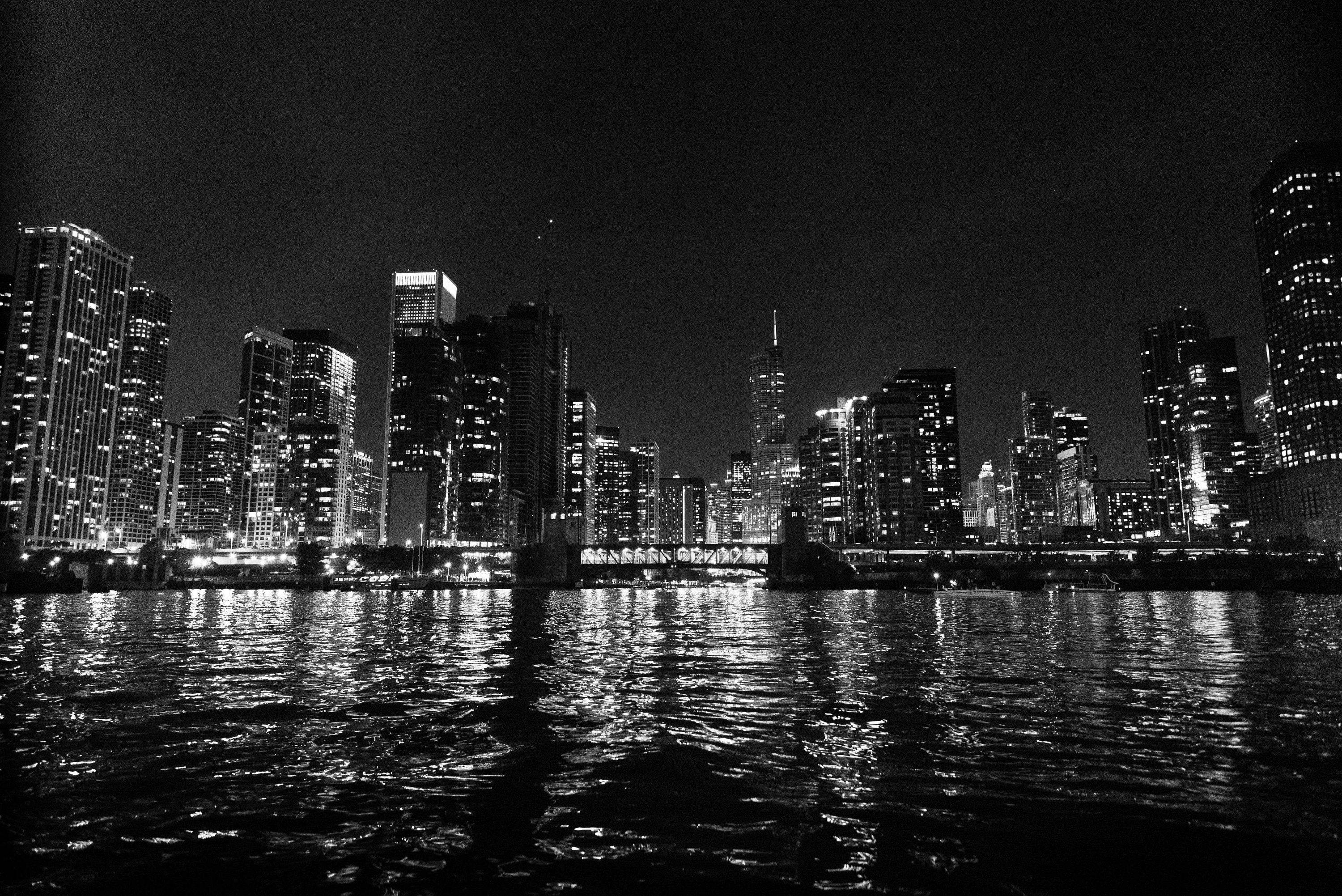 Chicago Skyline At Night Wallpaper Black And White