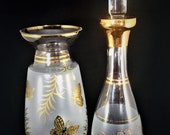 Czech Bohemian Gold Silver Enamelled Acid Etched Cameo White Satin Glass Set of Lidded Decanter and Vase. Butterflies and Flowers design.