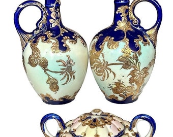 Art Nouveau 19th century Very Rare Nippon Japan Porcelain Trio - 2 Ewers & Sugar Bowl