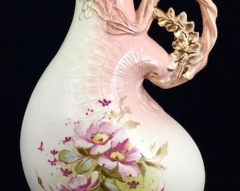 Austrian Antique Robert Hanke Hand Painted Art Nouveau Nautilus Shell Shaped Ewer. Circa 1900-1918