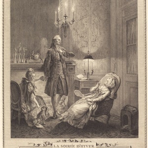 18th Century French Authentic Engraving: "La Soiree D' Hyver", Framed Rococo Art