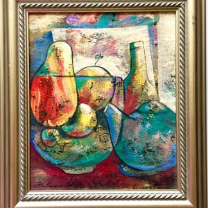 Barbara Swarovski Abstract Cubism Still Life Mix Media On Board Signed Framed Painting
