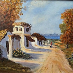 Impressionism  Antique Early 20 ct Original  Oil On Board Painting of Caribbean Village Signed With Monogram A.V.E.
