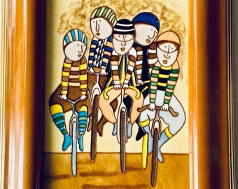 Graciela Rodo Boulanger Ceramic Glazed Relief Wall Plaque After Famous Painting "Five People Riding Bicycles"