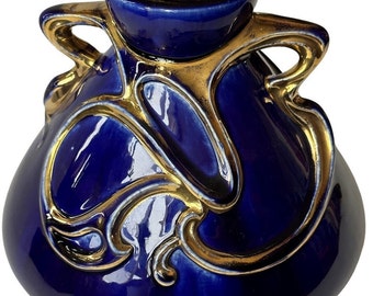 French Sarreguemines France Art Nouveau majolica cobalt blue porcelain 2 handles vase. Circa 1900s