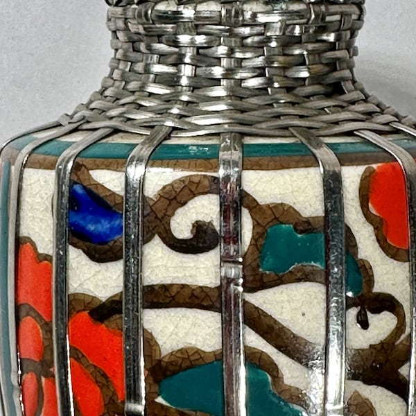 Late Meiji Period Silver Overlay Basket Weaved Japanese Awaji Miniature Vase.