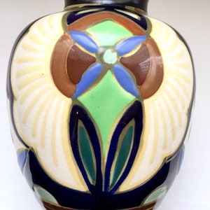 Art Deco Signed Polychrome Pottery Vase Designed In The Style Of Holland Gouda.