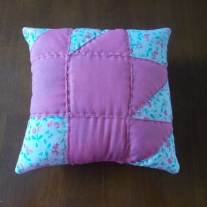 Vintage Quilted Pillow Hand Pieced Pink and Multi Pineapple Block Hand Quilted