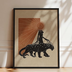 Soul bond | burnt orange Retro black panther art, vintage big cat print, orange sun poster gift for her
