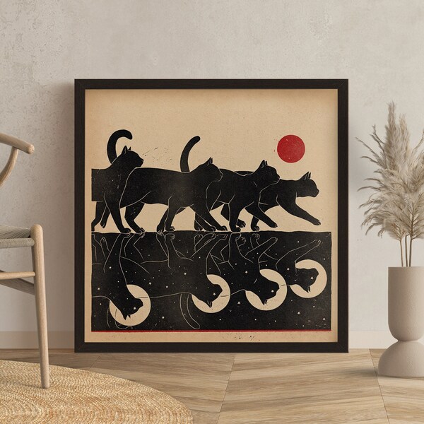 Minimalist vintage black cats art print, best friend gift