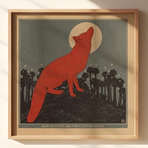 Stampa di volpe rossa / volpe retrò, arte cottagecore con citazione, poster di volpe rossa e luna piena, stampa slow life