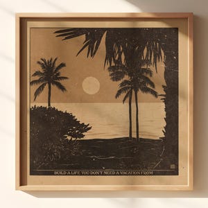 Urlaub | Vintage Strandposter mit inspirierendem Spruch, Sonnenuntergang Palmen, Retro tropische Kunst